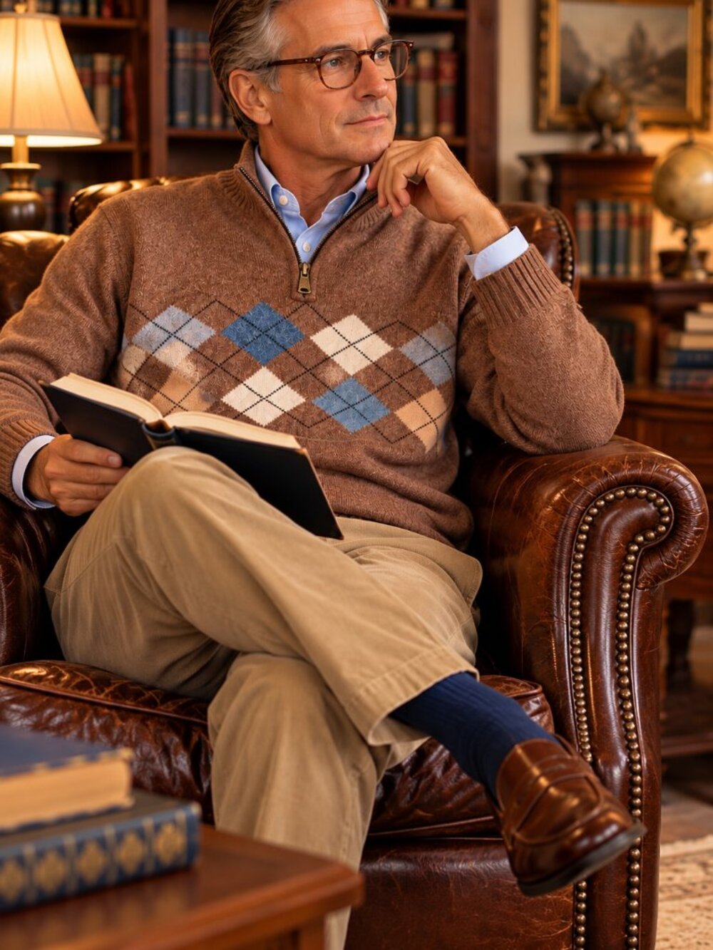 Geoffrey Beene SzXL Brown Argyle V-Neck Half-Zip Sweater Heavy